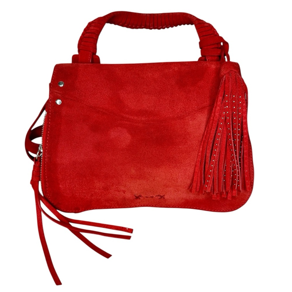 Elizabeth and James Red Suede Studded Tassel Boho Crossbody Handbag Bag Purse